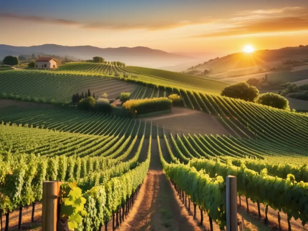 Una hermosa imagen 8k de un viñedo pintoresco al atardecer, con filas interminables de vides exuberantes