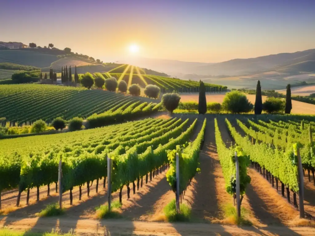 Viñedo hermoso con uvas, olivos y casa rural