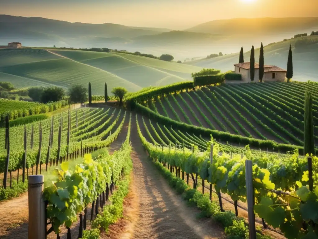 Un paisaje encantador de un viñedo pintoresco en el campo italiano, con filas de vides verdes vibrantes que se extienden hacia el horizonte