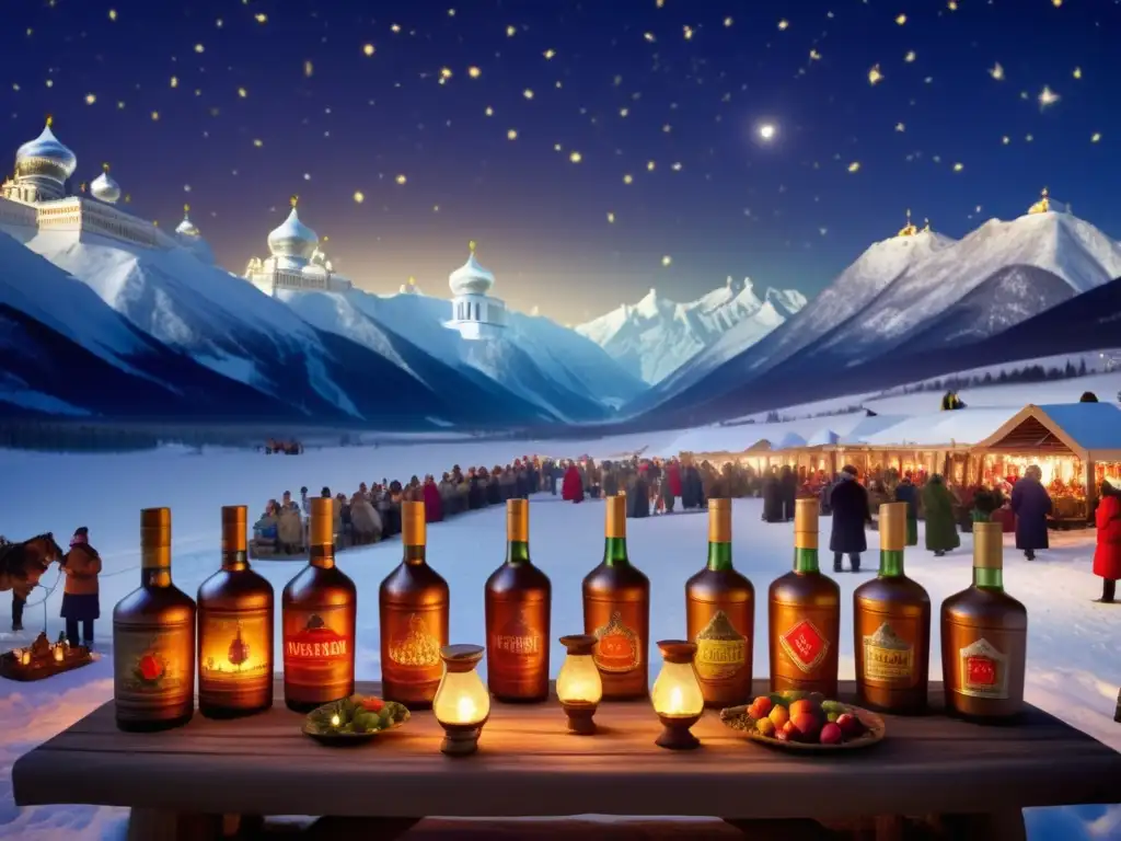 Festival vodka tradicional en Rusia: escena mágica de montañas nevadas, noche estrellada, risas y camaradería