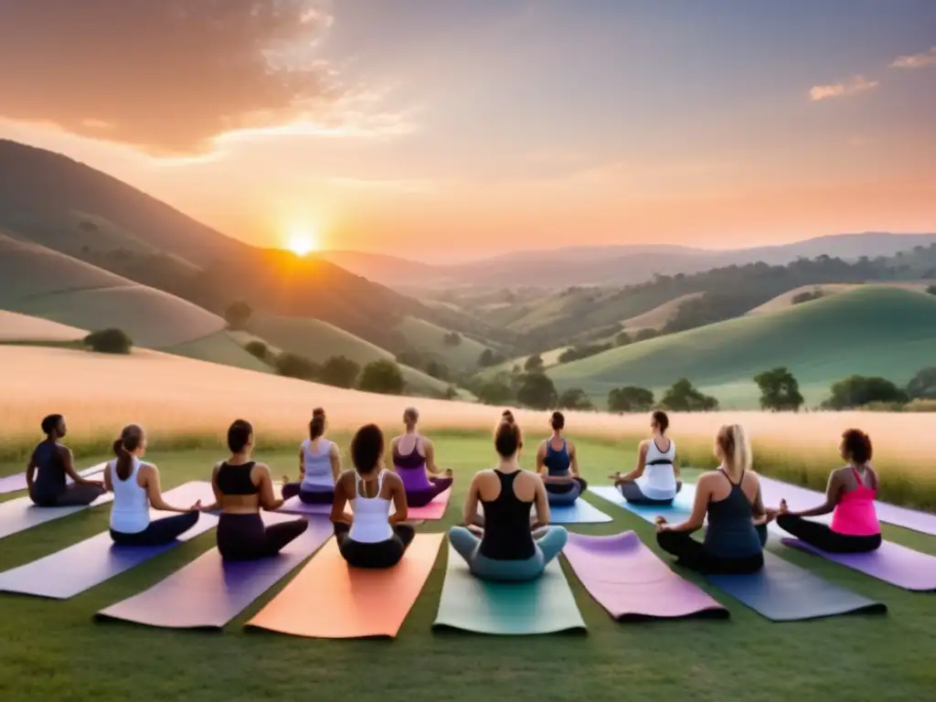 Festival de yoga internacional en un entorno sereno y vibrante, con yogis en poses armoniosas y hermoso atardecer