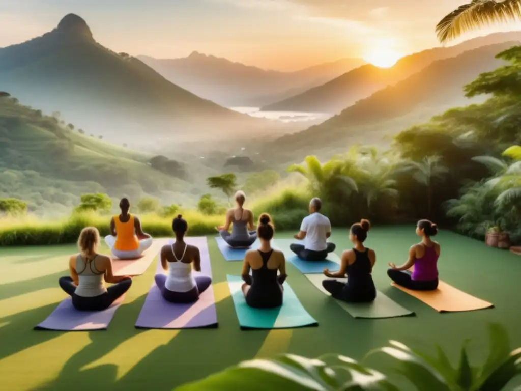 Vista impresionante de festival de yoga en exuberante paisaje, con montañas, lago y flores vibrantes