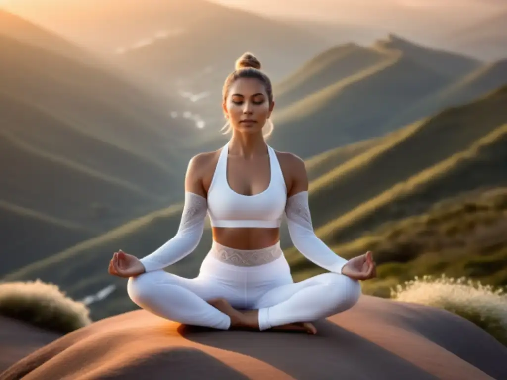 Yoga en la cima de una montaña al amanecer, simbolizando pureza y tranquilidad, con indumentaria de significado espiritual