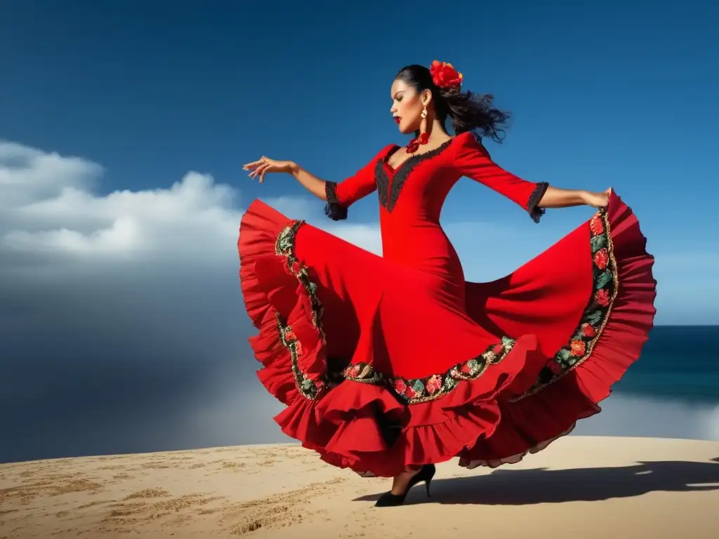 Zapateado flamenco tradicional en vestido rojo: danza apasionada, movimiento y encanto en una imagen mágica